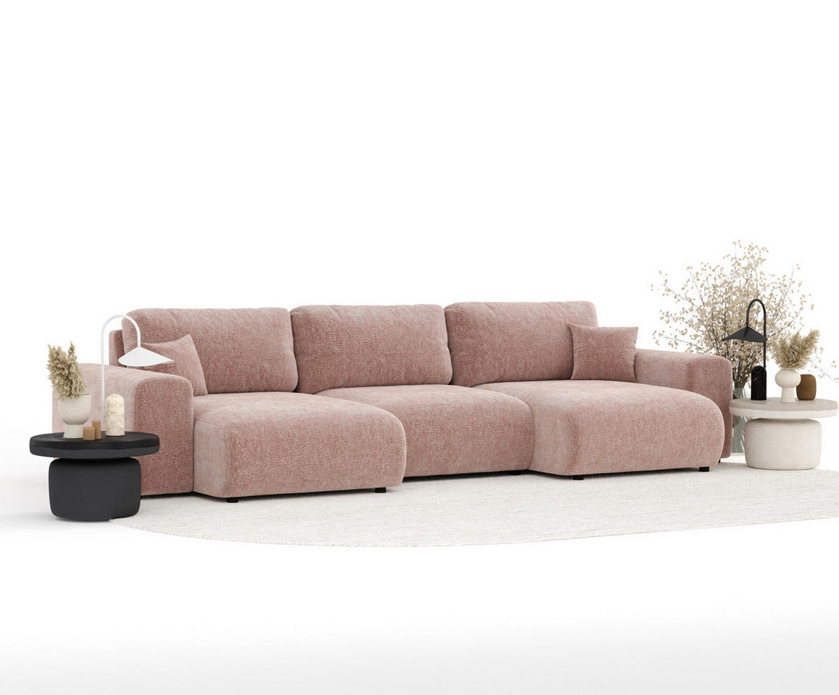 PANORAMASOFA Zanzibar Rosa Chenille - Schwarz/Rosa, Holz/Holzwerkstoff (325/79/144cm) - Maison de Reve
