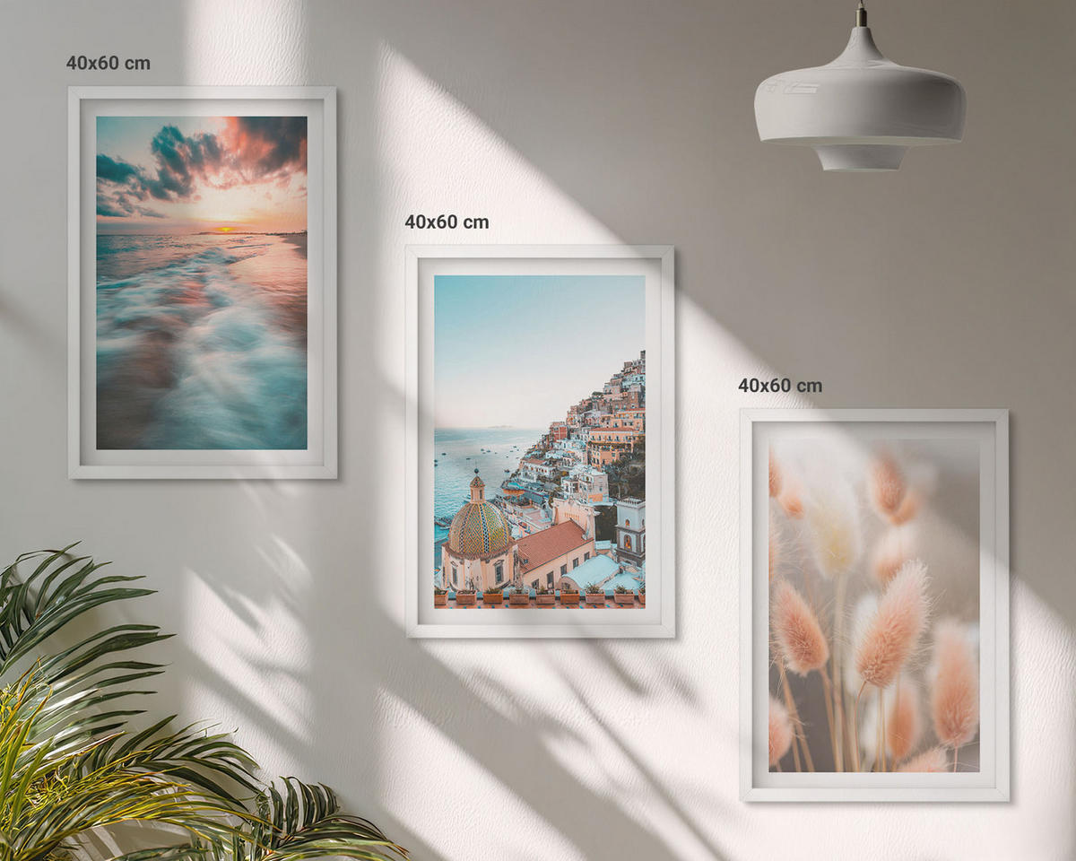 WANDBILDER 3er-Set - 40x60 cm Weißer Rahmen - Sonnenuntergang am Meer, Häuser, Blumen - Weiß, Kunststoff (40/60cm) - ArtPrintCave