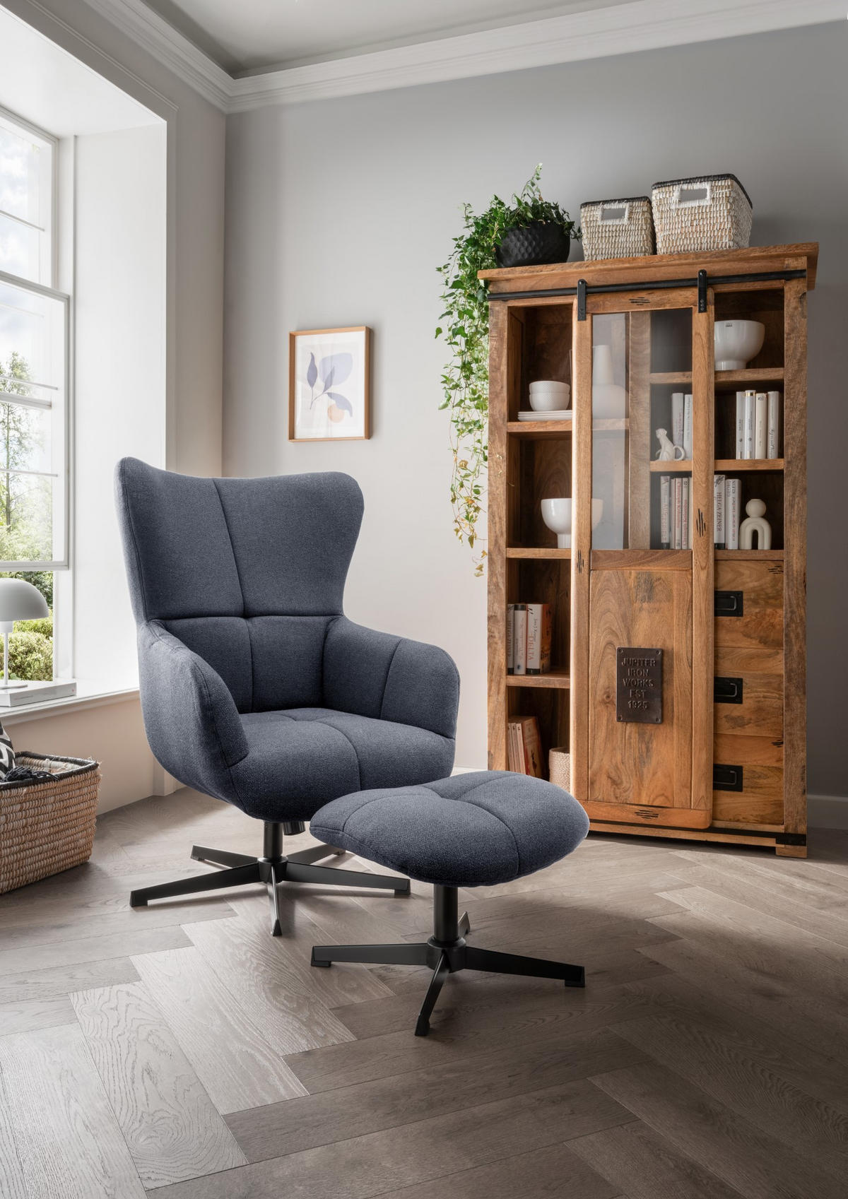 OHRENSESSEL-SET Sava inkl. Fußhocker - drehbar - dunkelblau - Schwarz/Dunkelblau, Textil/Metall (87/104/74cm) - bene living