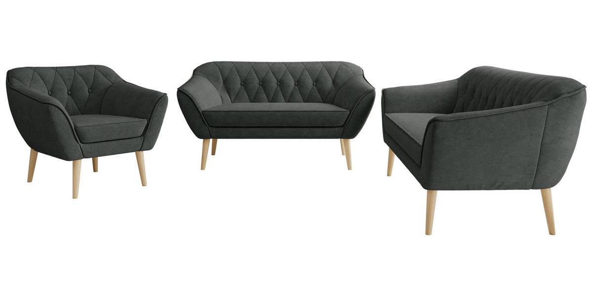 SEDACIA ZOSTAVA 3+2+1 PIRS - Tmavosivá Štruktúrovaná látka - Drevené nohy - farba buka/grafitová, kompozitné drevo/textil (180/75/74cm) - MKS