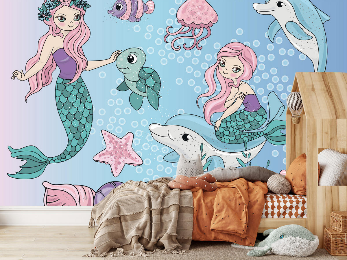 FOTOTAPETE für Kinderzimmer Meerjungfrauen Delfine Fische Muscheln Qualle Schildkröte 300x210 - Multicolor, Papier (300/210cm) - Muralo