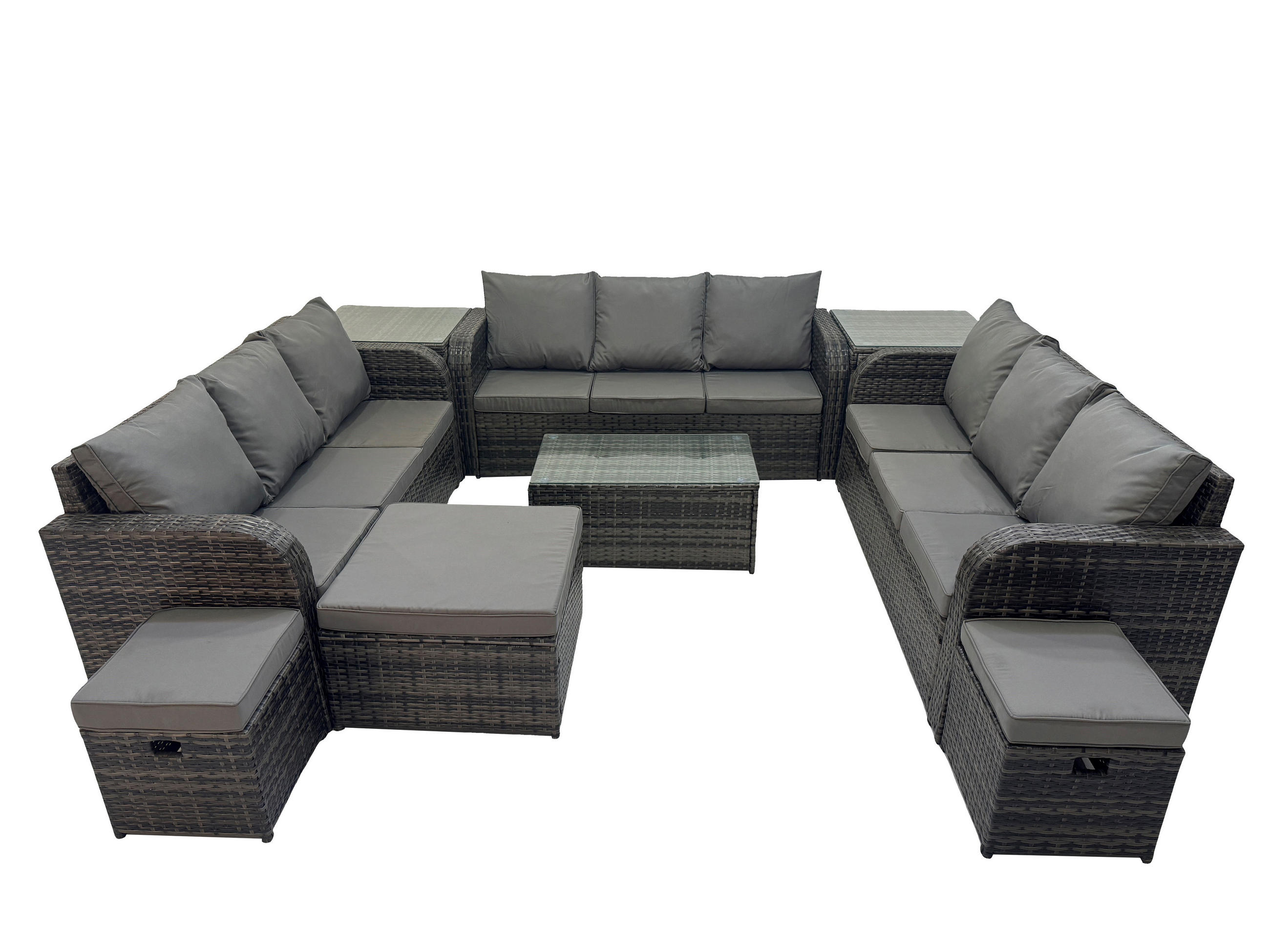 GARTENMÖBELGARNITUR mit KISSEN Polyrattan Dunkelgrau 12-Sitzer - Dunkelgrau/Grau, Glas/Kunststoff - Fimous