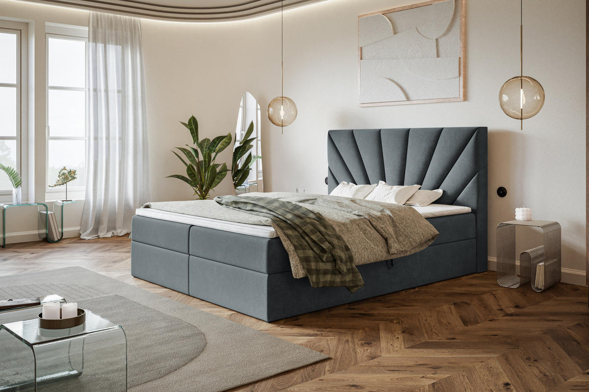 BOXBETT DENVER mit 2 Bettkästen, 160x200, Farbe: Dunkelgrau, Velourstoff, Doppelbett mit Bonell-Matratze - Dunkelgrau, Holz/Kunststoff (160/200cm) - Alpi-Möbel