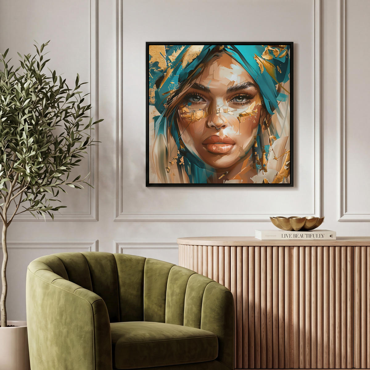LEINWAND Bilder mit Rahmen - Frau - Porträt - Gold - Luxus - Blau - 50x50 - Türkis, Textil (50/50cm) - MuchoWow