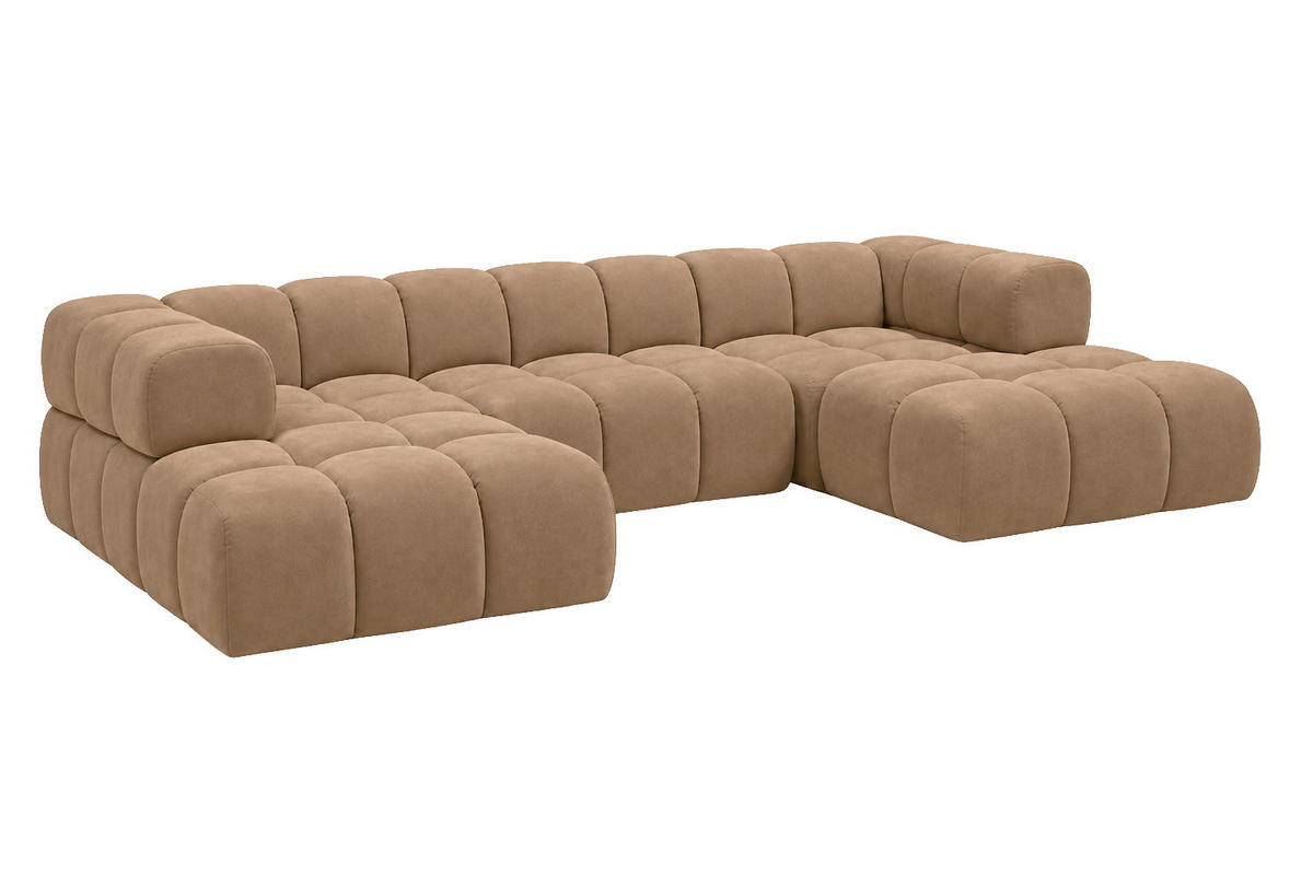 ROHOVÁ SEDAČKA ve tvaru U, velurová tkanina Bluvel, Latte, Averro U - kapučínová, dřevo (360/70/150cm) - Kaiser Möbel