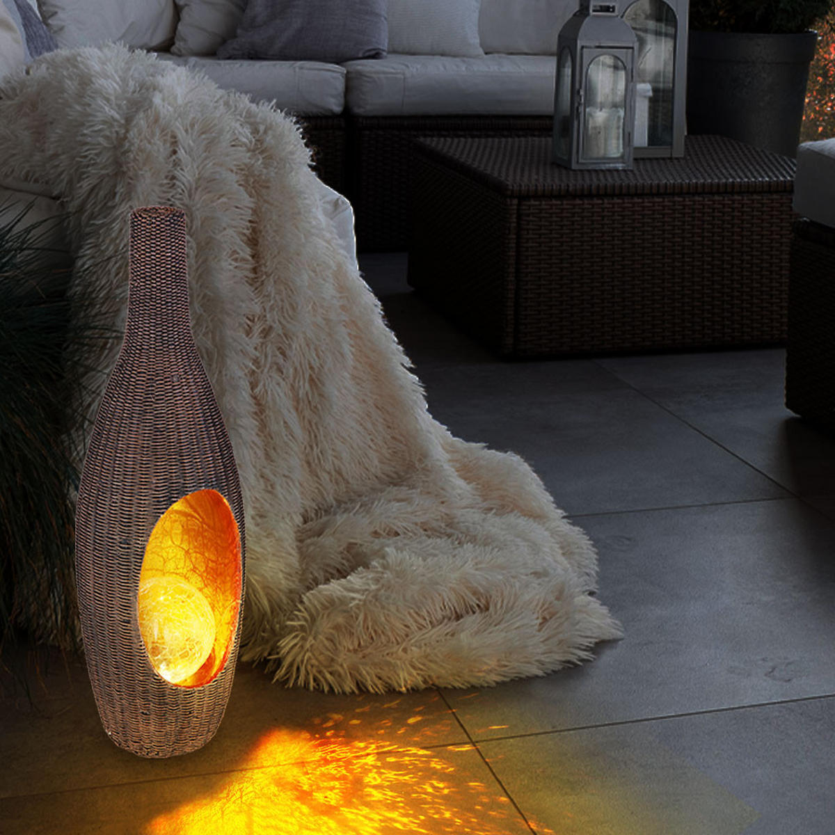 LED AUSSENLEUCHTE Rattan Design Braun Gold - Braun, Glas (14.3/13/45.5cm) - Globo Lighting