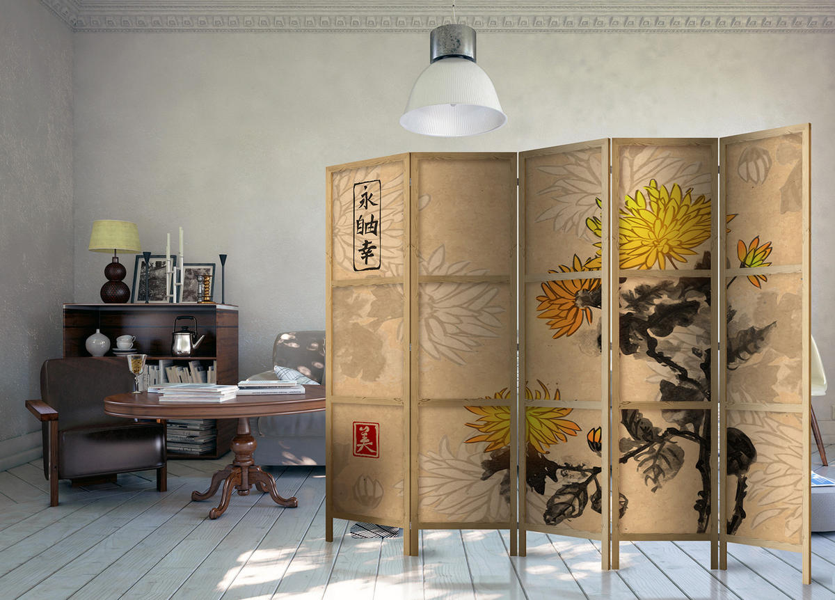 PARAVÁN Japonský 5-dielny 225x172 cm Akvarelové Chryzantémy - viacfarebná, drevo/textil (225/172/3cm) - Muralo