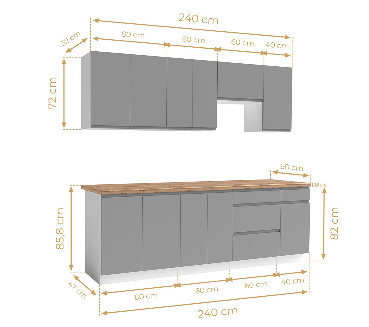 KÜCHENLEERBLOCK Aquileia 240 cm Grau mit Weißem Korpus mit Arbeitsplatte Eiche Artisan - Eiche Artisan/Grau, Holzwerkstoff (240/157.8/60cm) - AX Living