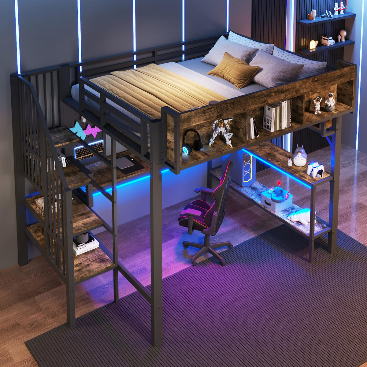 HOCHBETT 140/200 cm in Vintage-Braunschwarz mit Eckschreibtisch, Stauraum, LED und USB - Schwarz/Braun, Holzwerkstoff/Metall (140/200cm) - WISHDOR