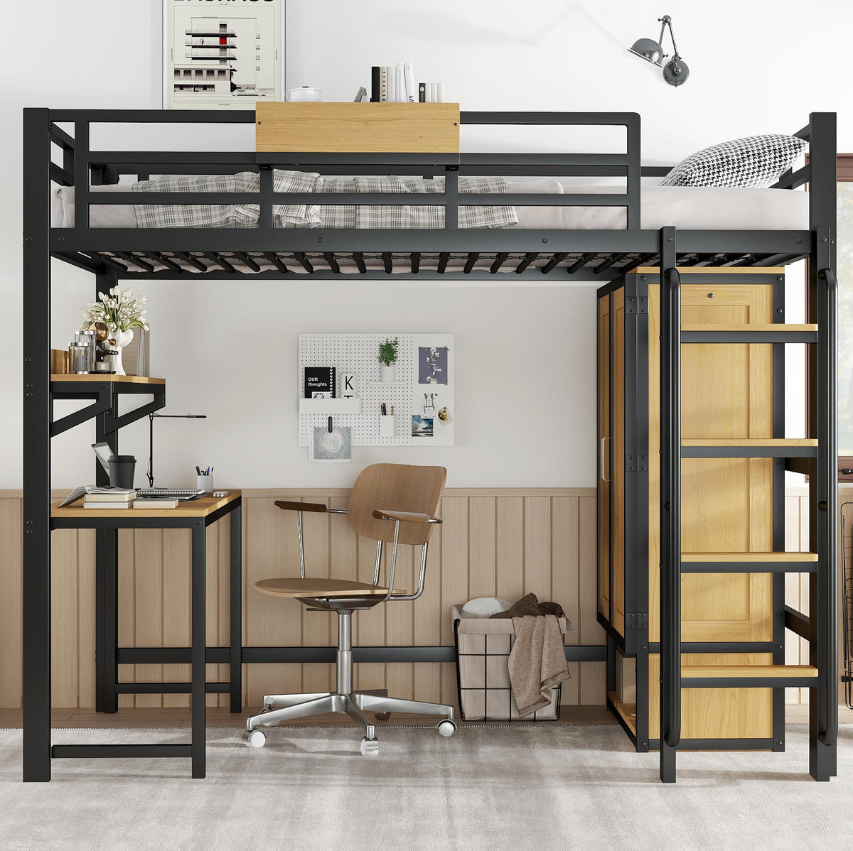 HOCHBETT 90/200 cm aus Metall und MDF mit Schreibtisch und Kleiderschrank Schwarz/Natur - Schwarz, Metall (90/200cm) - Modenvie