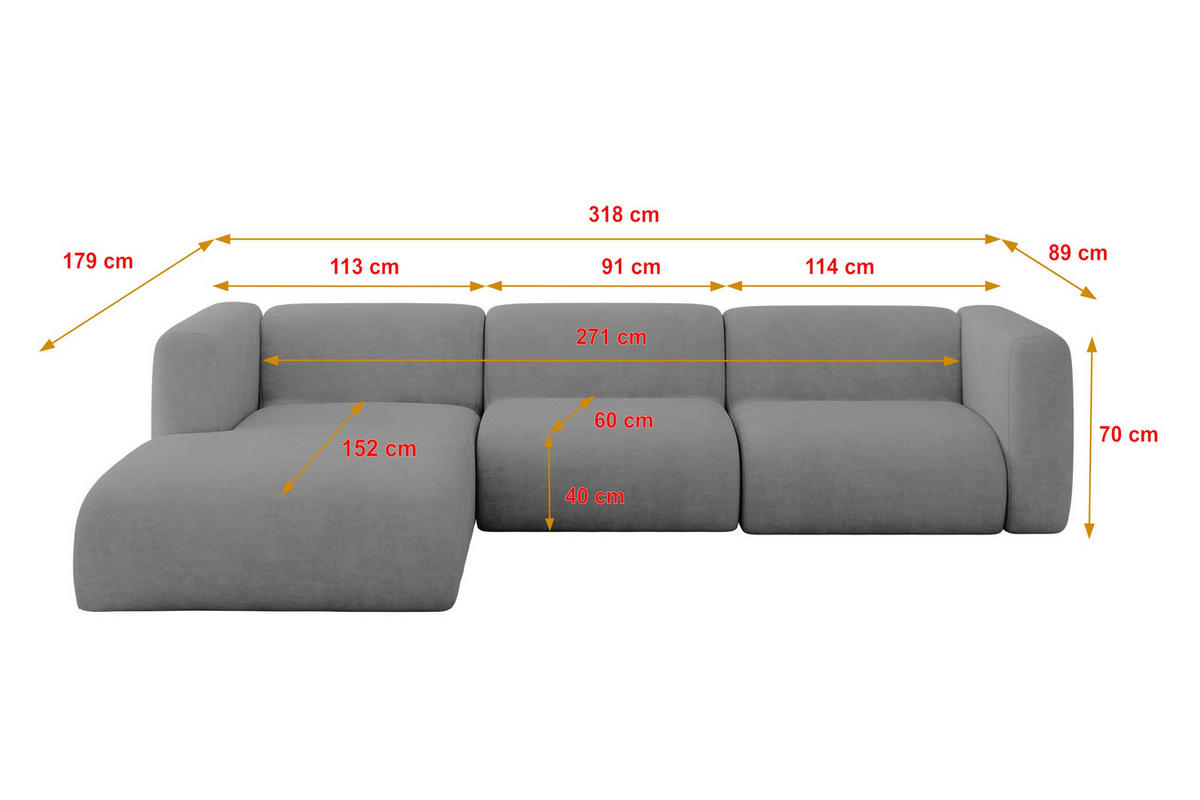 ECKSOFA Ottomane Links MIRA-L2 318x179x89 Grau Velours - Schieferfarben/Schwarz, Holzwerkstoff/Kunststoff (318/179cm) - ALTDECOR