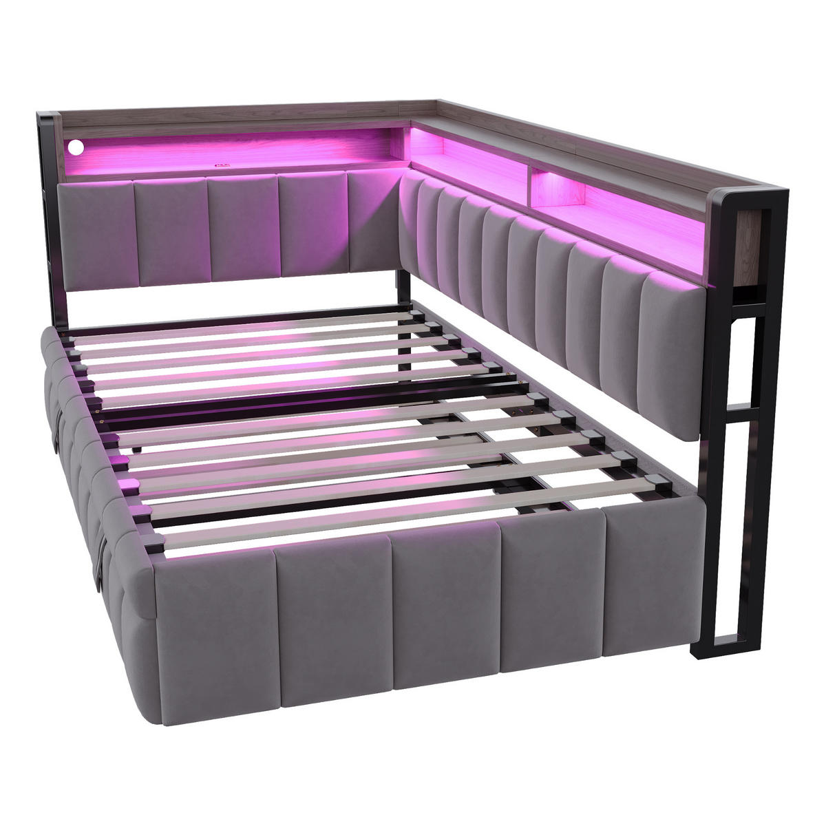 POLSTERBETT 90x200 Dunkelgrau Samt LED USB - Grau, Textil (90/200cm) - FLIEKS