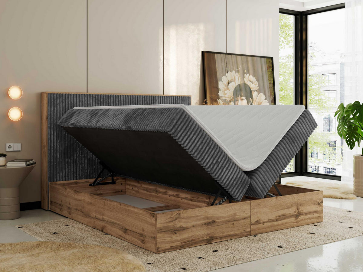 BOXBETT WOOD CLASSIC 140/200 - Grau Cord - H3 - Grau, Textil (140/200cm) - MKS