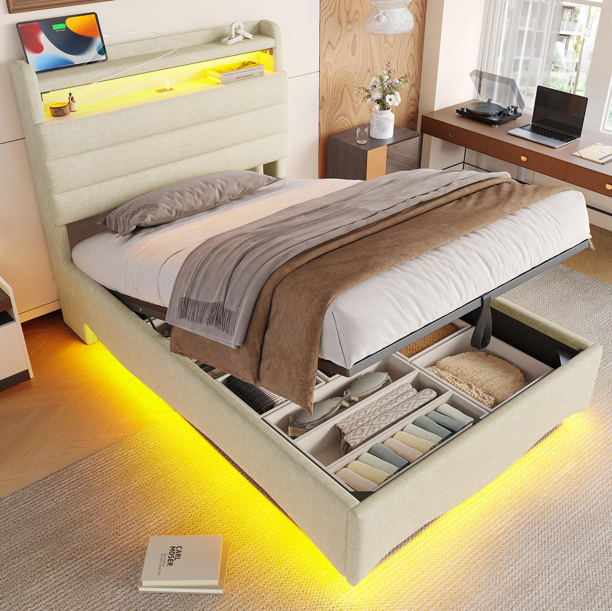 POLSTERBETT 90/200 cm Beige aus Leinen mit Stauraum, LED und USB- und Type-C-Anschlüssen - Beige, Textil (90/200cm) - Flora Grace