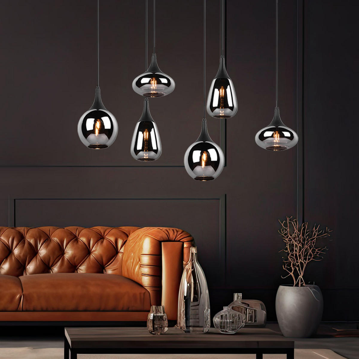 HÄNGELEUCHTE Metall Schwarz Glas Chrom 6-flammig - Schwarz, Glas (93/34/150cm)