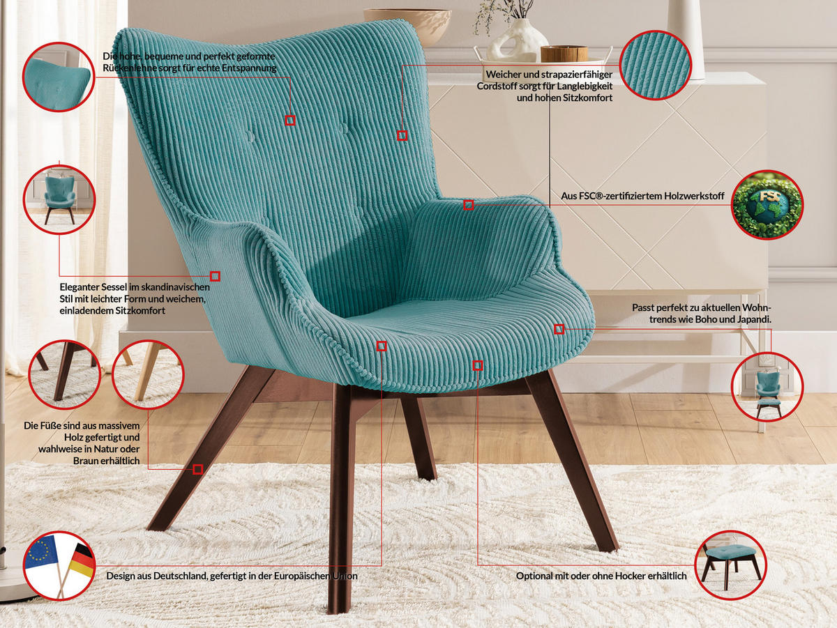 LOUNGESESSEL mit Fußhocker Lenari Türkis Cordstoff mit Füßen in Braun - Türkis/Braun, Holz/Textil (71/96/86cm) - S-Style Möbel