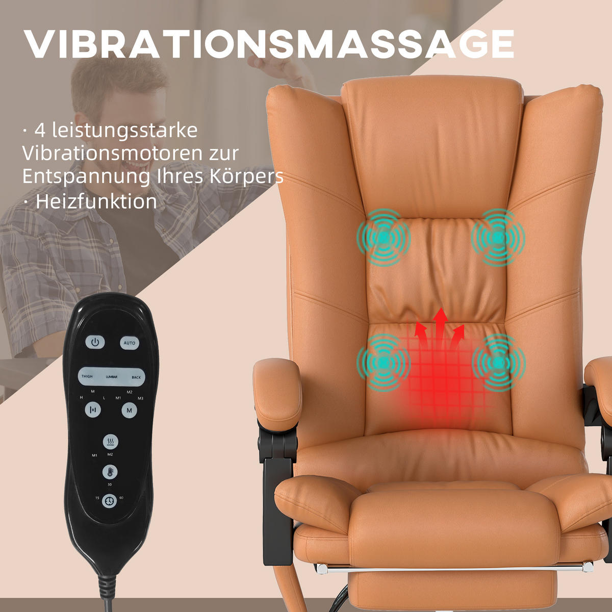 BÜROSTUHL mit Massagefunktion Ergonomischer Chefsessel mit Heizfunktion - Braun, Kunststoff (70/118/64cm) - Vinsetto