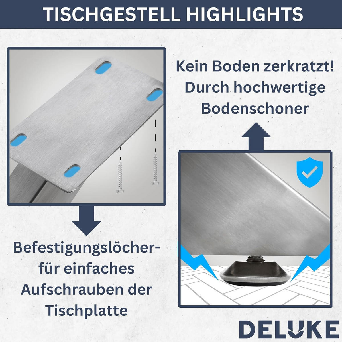 TISCHGESTELL Metall KRYT Edelstahl | inkl. Schrauben + Bodenschoner | 71x85x85cm - Edelstahlfarben, Metall (85/71/85cm) - DELUKE