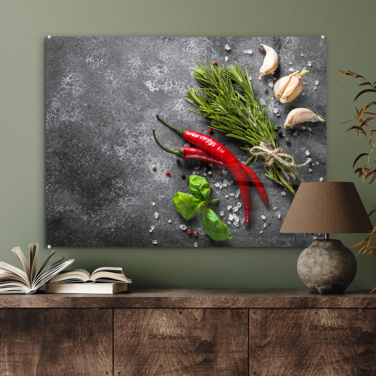 ACRYLGLASBILD Pfeffer - Kräuter - Gewürze - Beton 80x60 cm - Dunkelgrau, Glas (80/60cm) - MuchoWow