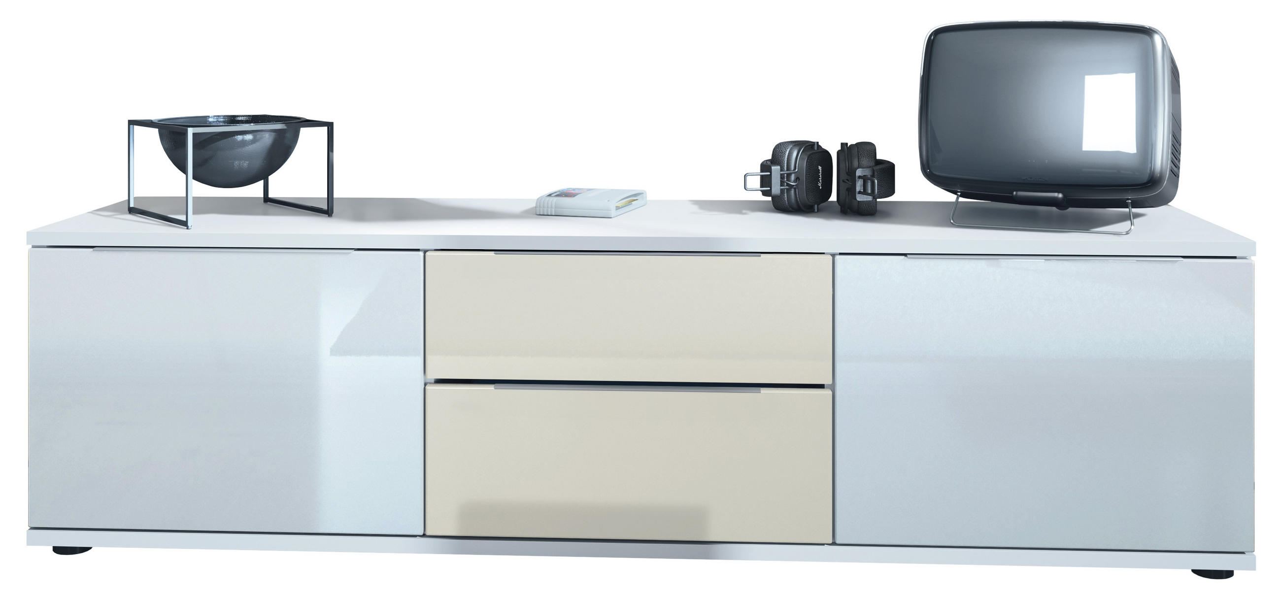 LOWBOARD Linio Creme Hochglanz - Weiß Hochglanz/Creme, Holzwerkstoff (138.5/37.5/35cm) - Vladon