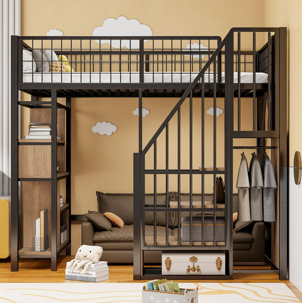 HOCHBETT 90/200 cm aus Metall und Holz mit Stauraumtreppe, Schwarz - Schwarz, Metall (90/200cm) - Flora Grace