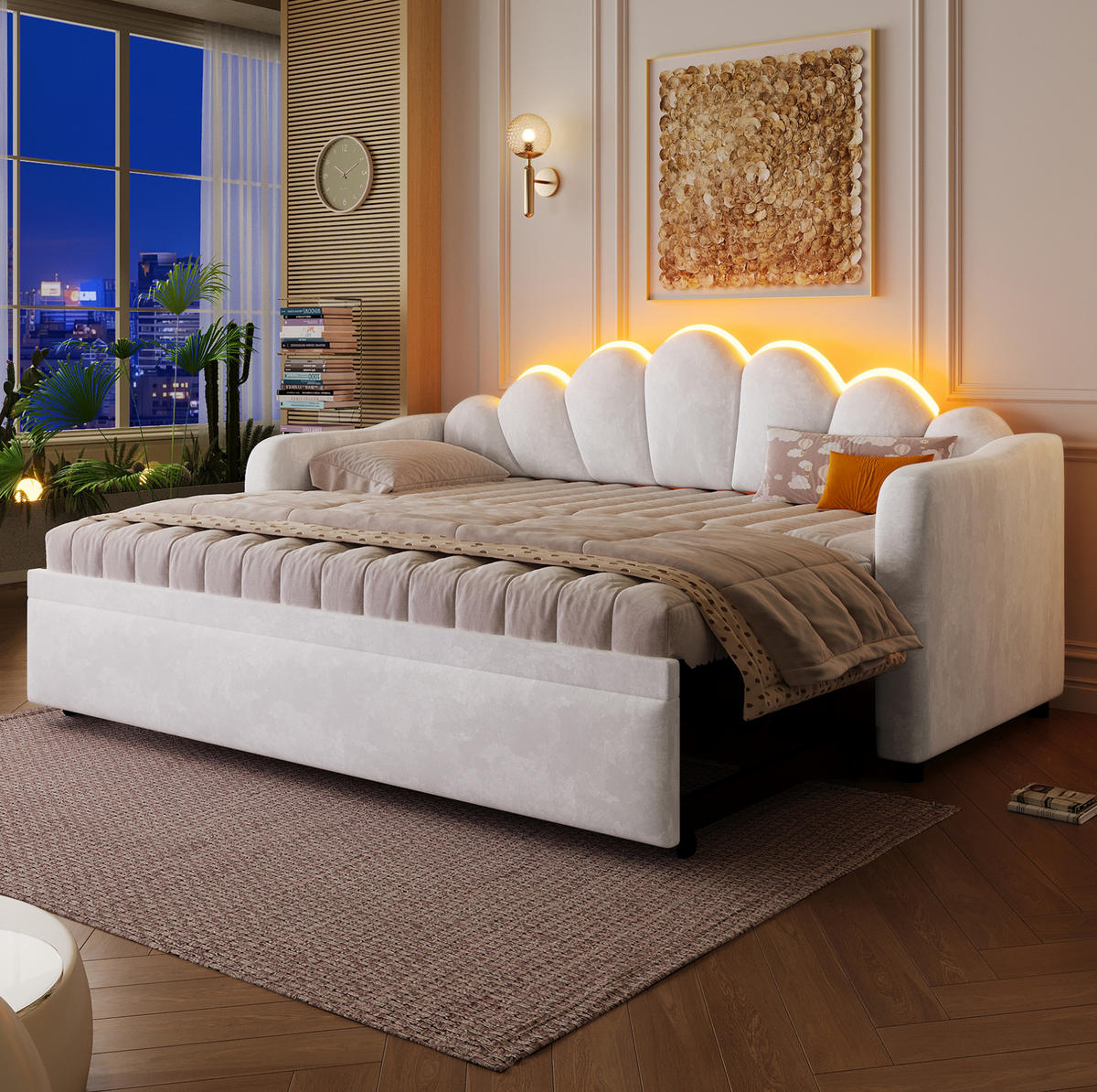 DENNÁ posteľ 90/200 cm biela s výsuvným lôžkom a LED osvetlením z MDF, preglejky a zamatového poťahu - biela, textil (90/200cm) - OKWISH