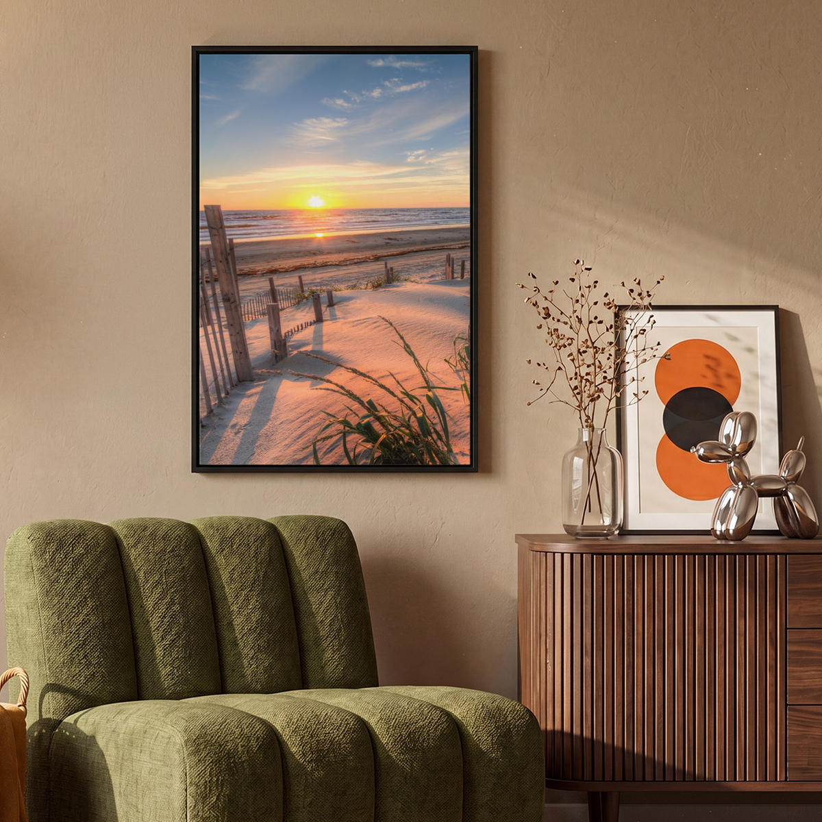 LEINWAND Bilder mit Rahmen - Strand - Meer - Düne - Sonnenuntergang - Landschaft - 60x90 - Beige, Textil (60/90cm) - MuchoWow