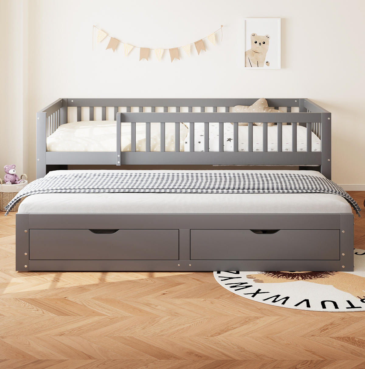 SCHLAFSOFA 90/200 cm mit Ausziehbett, 2 Schubladen und Rundum-Sicherheitsgitter, Grau - Grau, Holzwerkstoff (95/77.5/205cm) - Redom