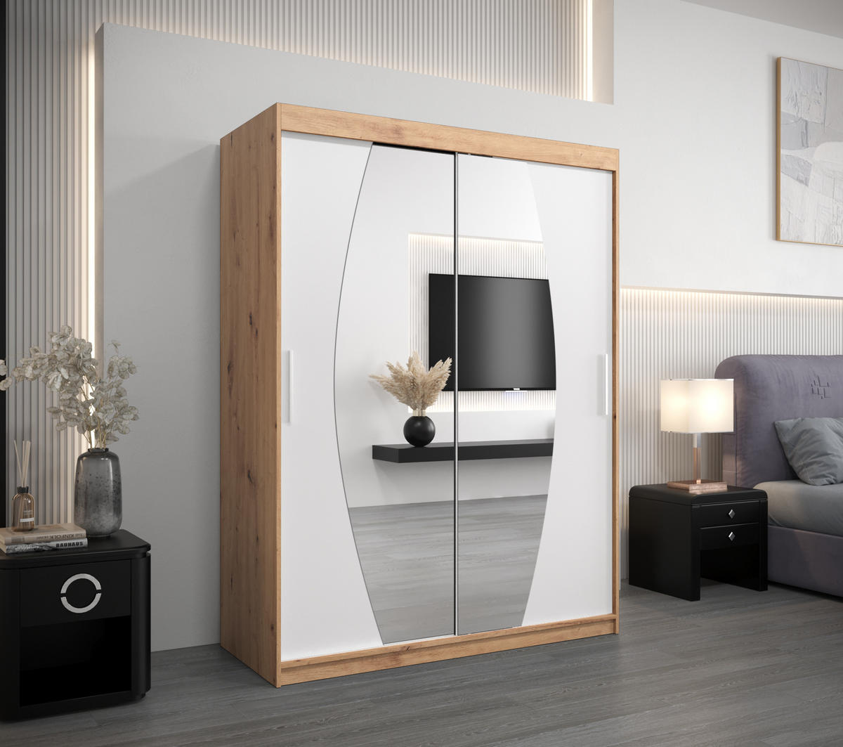 SCHWEBETÜRENSCHRANK 200/150/62 2-türig - Silberfarben/Weiß, Holz/Kunststoff (150/200/62cm) - Abiks Möbel