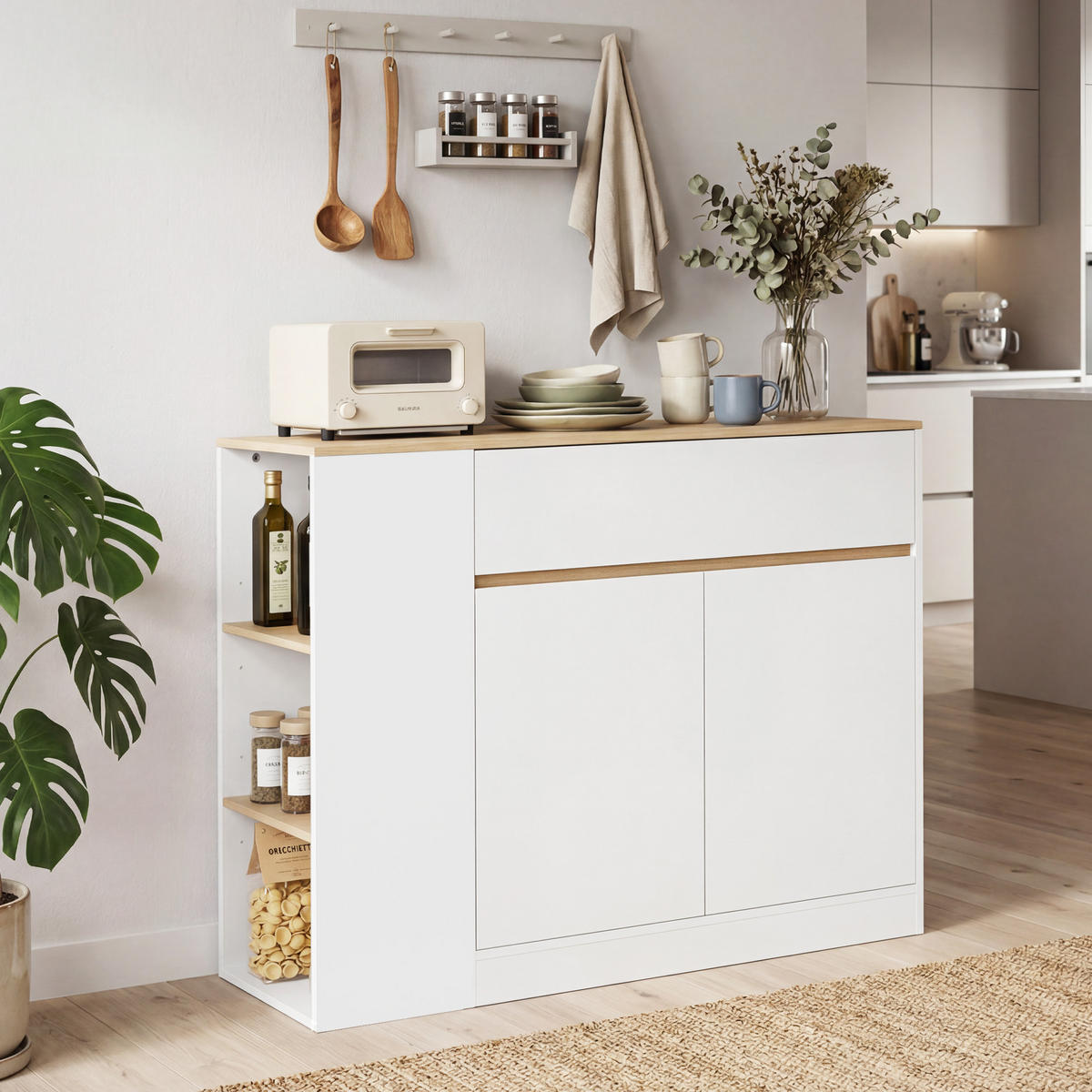 SIDEBOARD Küchenschrank mit Schublade, verstellbare Ablage, Aufbewahrungsschrank - Weiß/Naturfarben, Holz/Holzwerkstoff (30/81.2/106cm) - HOMCOM