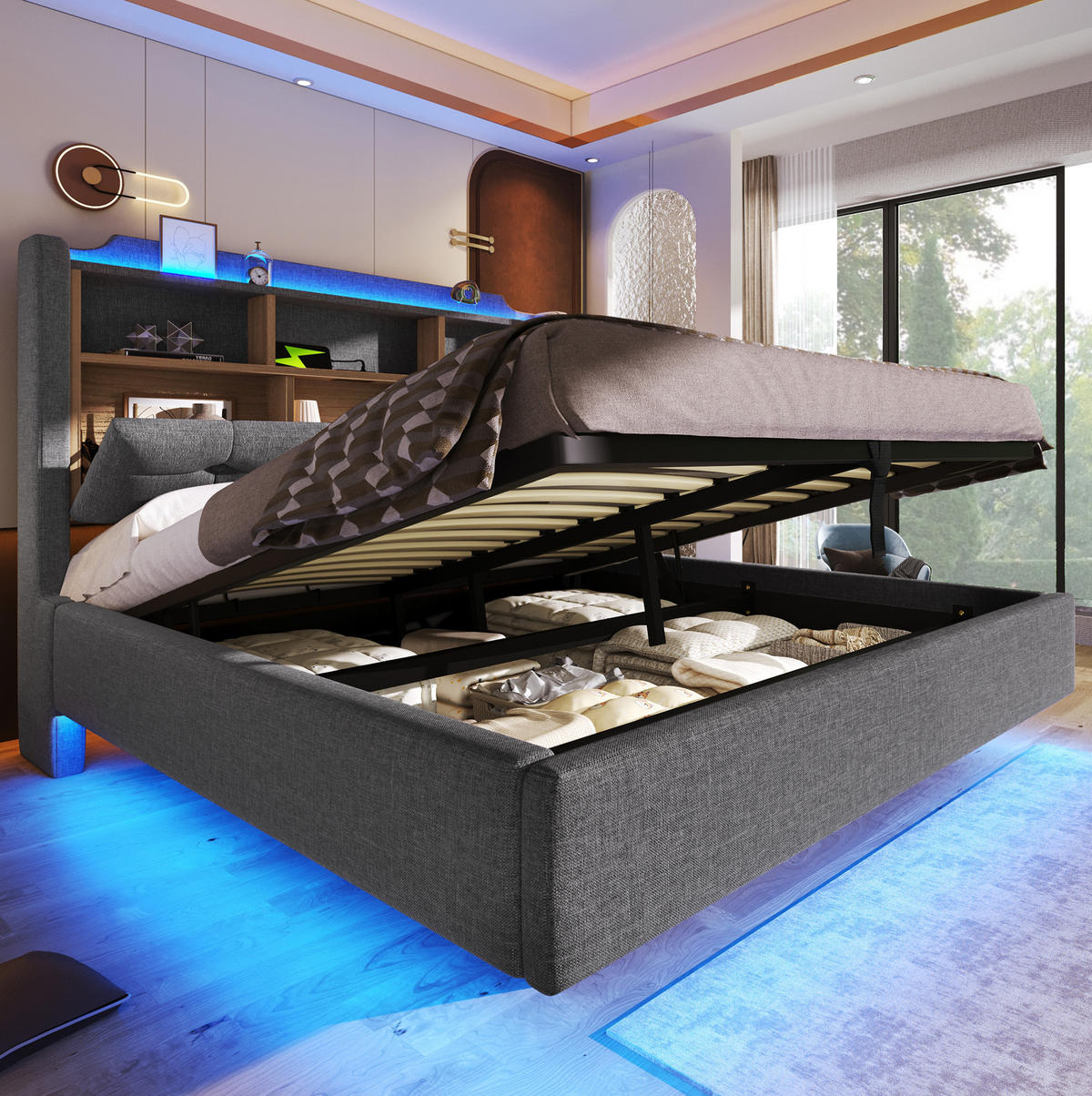 ČALOUNĚNÁ postel 140/200 cm šedá z lnu s LED osvětlením, úložným prostorem a USB-C - šedá, textil (140/200cm) - OKWISH