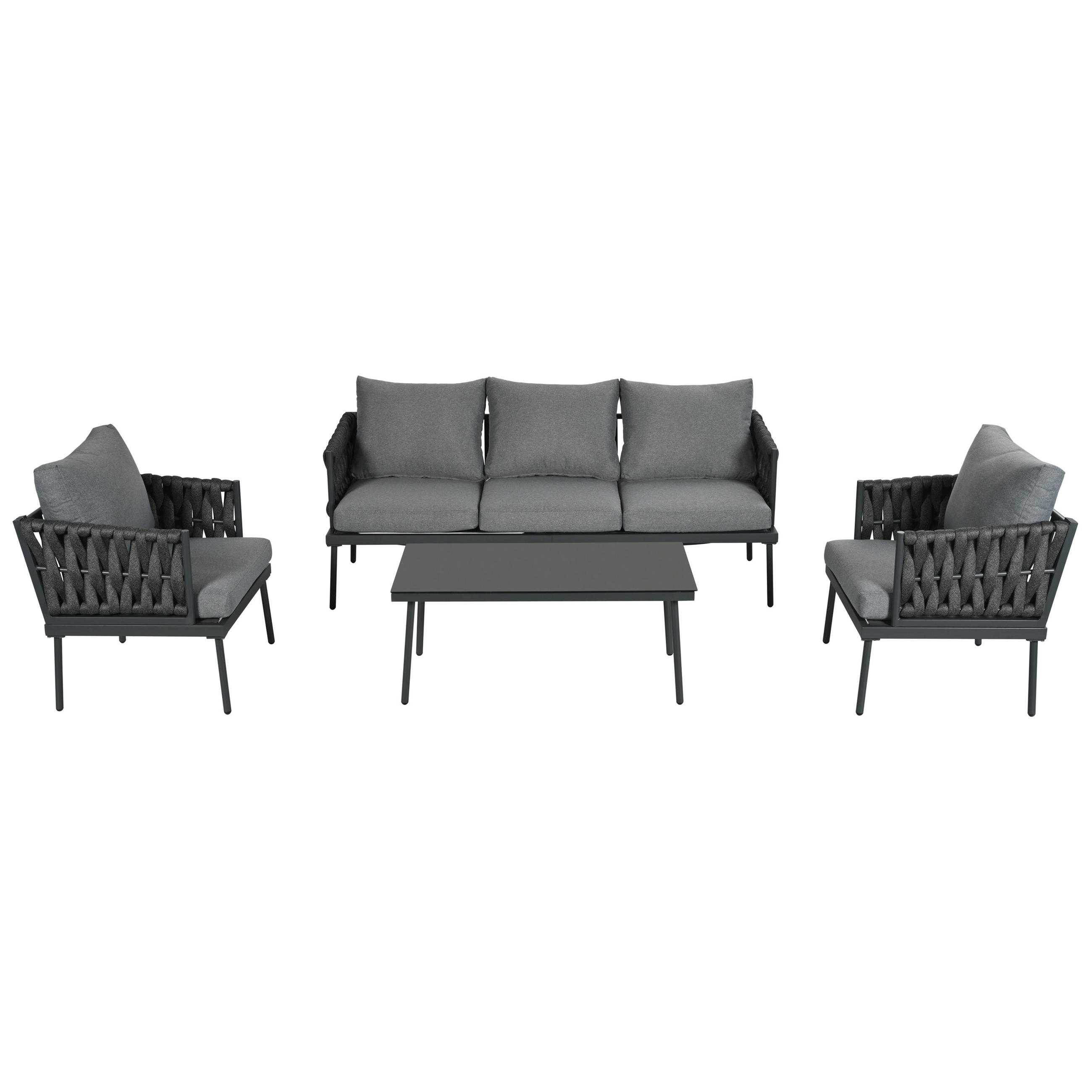 LOUNGESET Grau 3er Sofa 2 Sessel Couchtisch Glastischplatte - Grau, Textil - FLIEKS