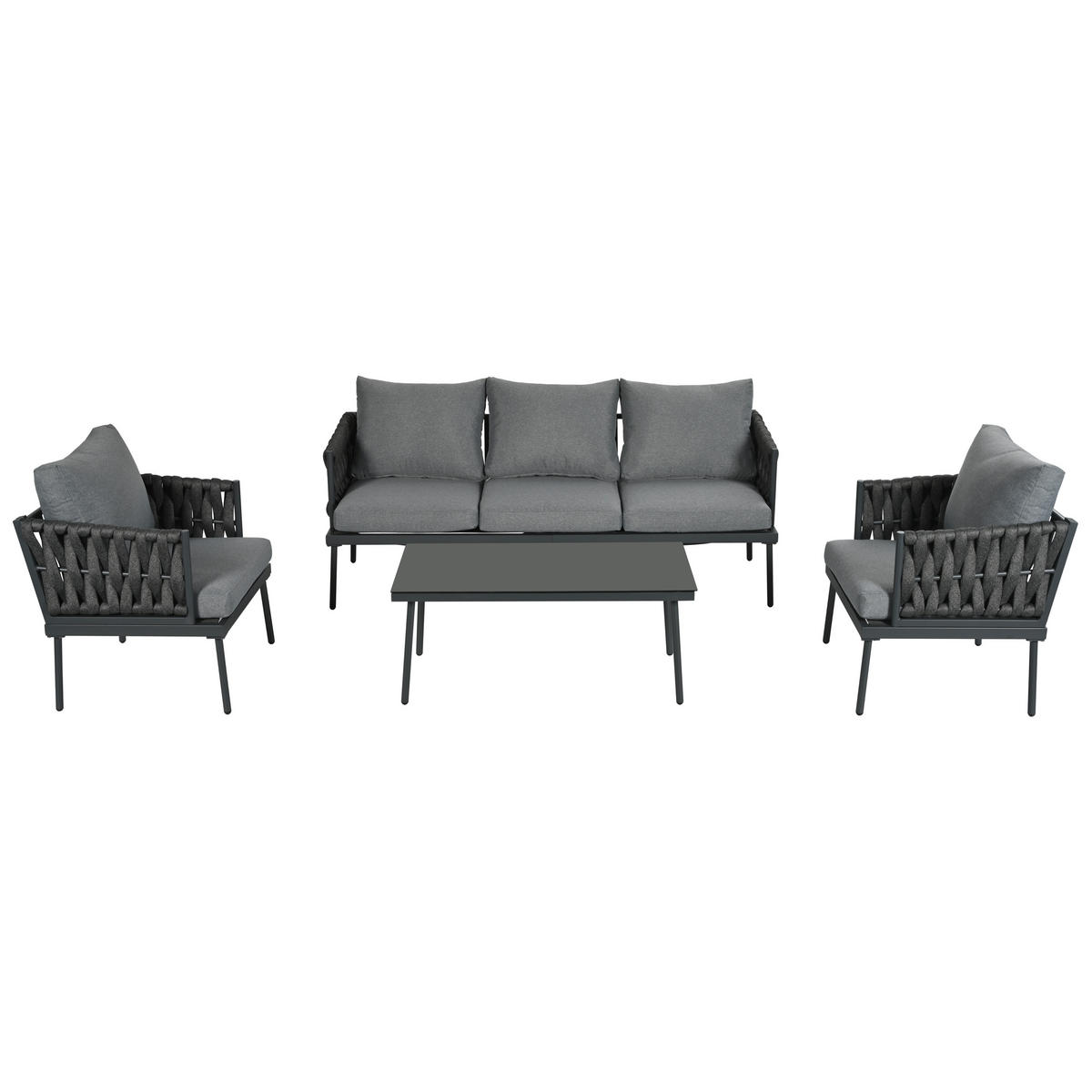 LOUNGESET Grau 3er Sofa 2 Sessel Couchtisch Glastischplatte - Grau, Textil - FLIEKS
