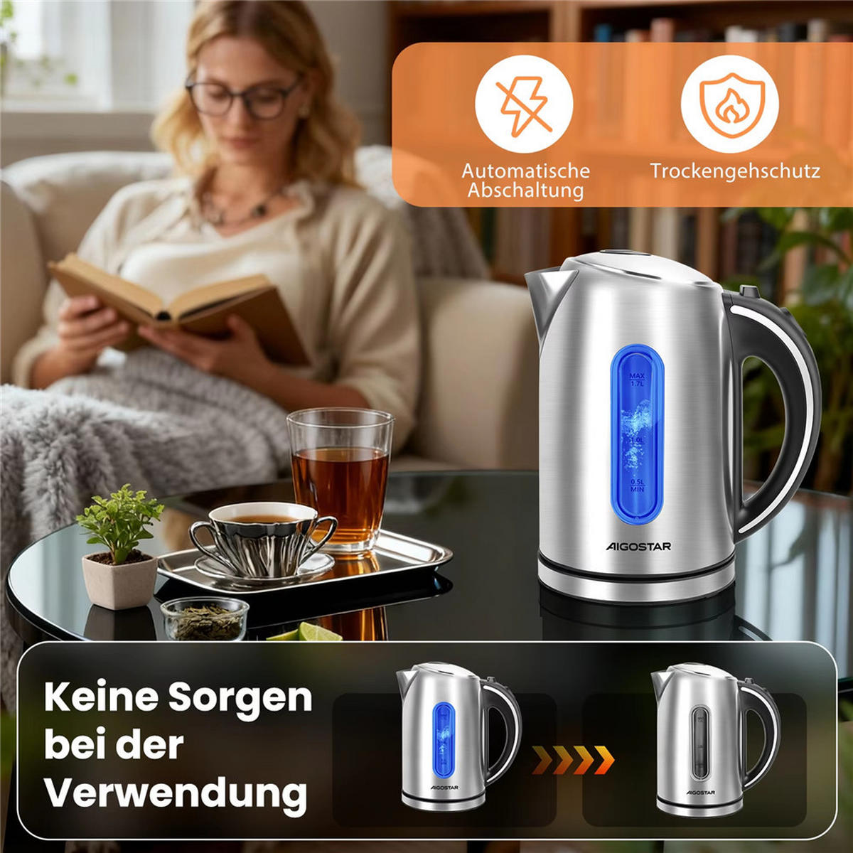 WASSERKOCHER Edelstahl 1,7L 2200W LED Kalkfilter BPA-frei - Silberfarben, Metall (1/1/1cm) - Kaket