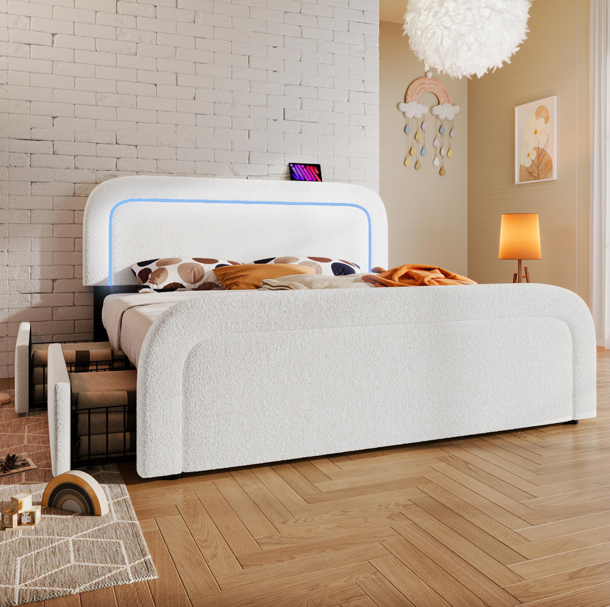 POLSTERBETT mit LED, USB und 4 Schubladen 140x200 cm Sherpa Weiß inkl. Matratze - Weiß, Metall (140/200cm) - Meubliv