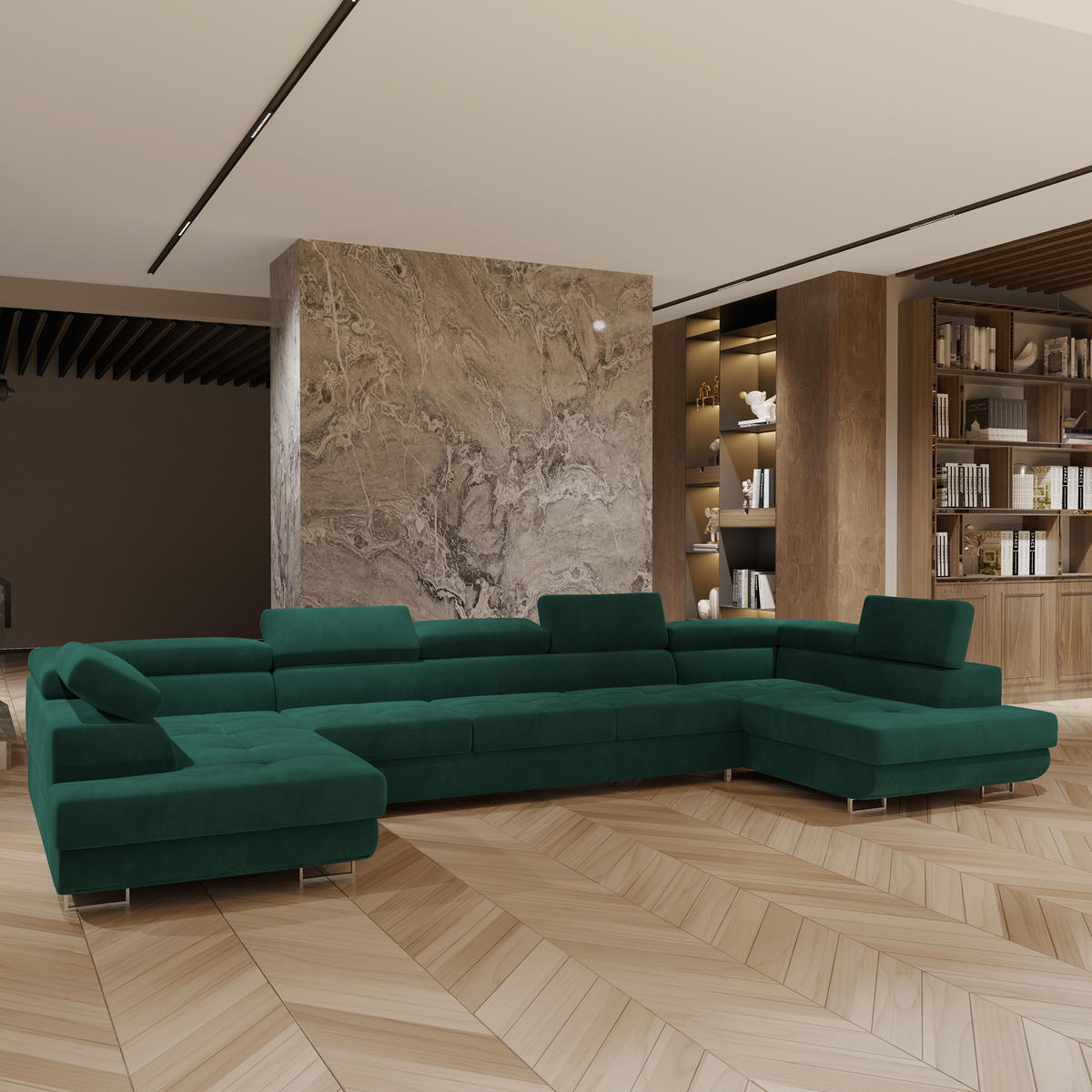 WOHNLANDSCHAFT ISOLANO Grün Velours-Stoff mit Schlaffunktion - Grün, Holz (408/90/202cm) - MASSENO