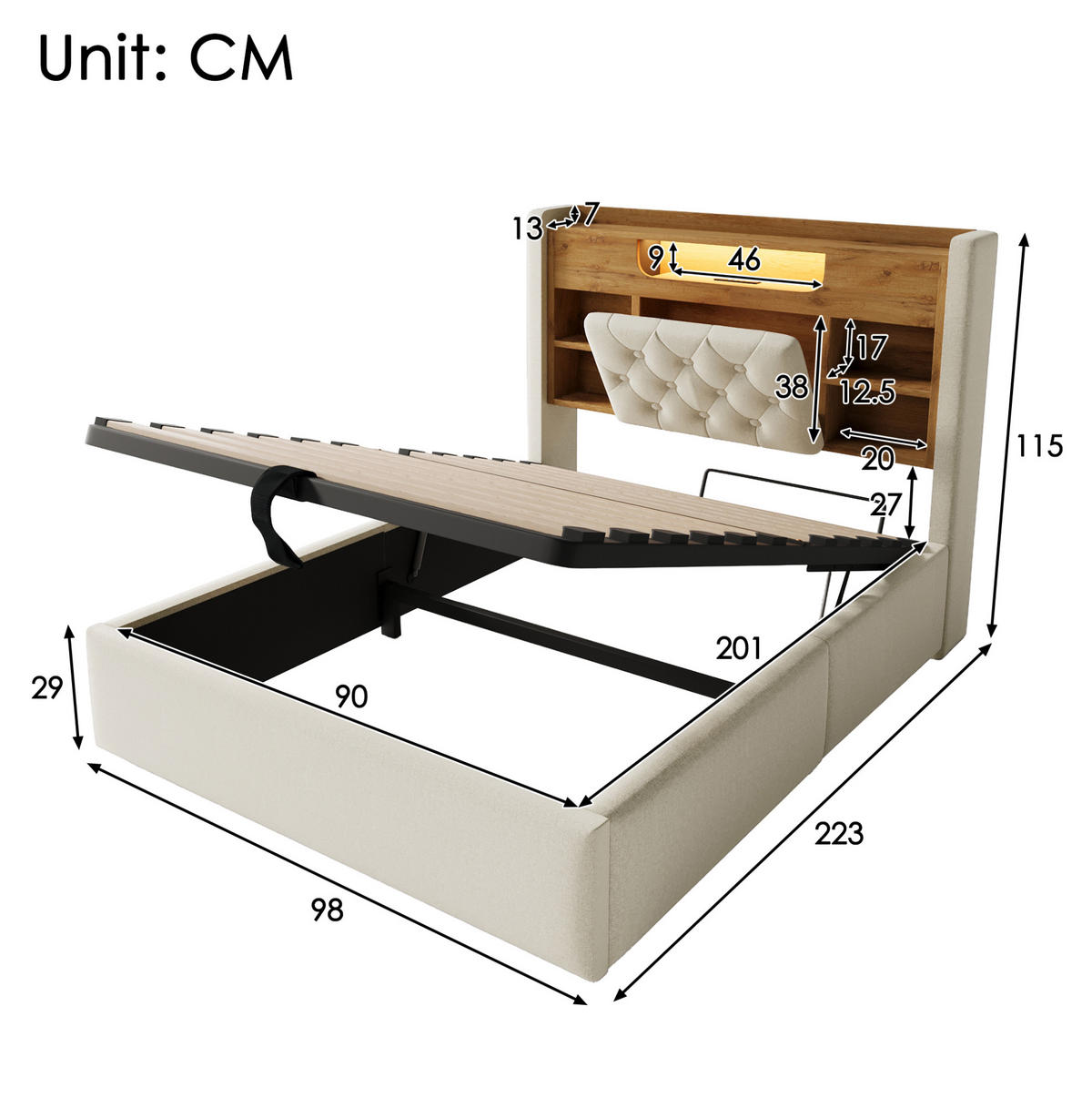 POLSTERBETT 90x200 cm in Beige mit hydraulischem Bettkasten, LED und Ladeanschlüssen - Beige, Textil (90/200cm) - IVMEU