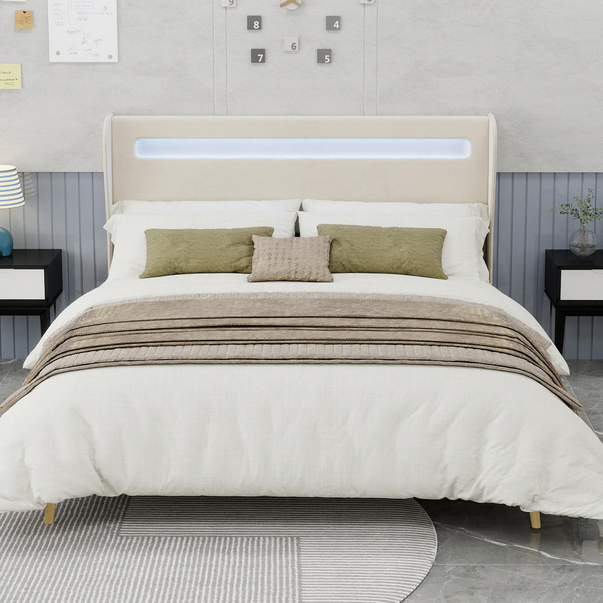 ČALÚNENÁ posteľ 160/200 cm s nastaviteľným LED osvetlením a polohovateľným čelom, odolná konštrukcia, Béžová - béžová, textil (160/200cm) - Redom