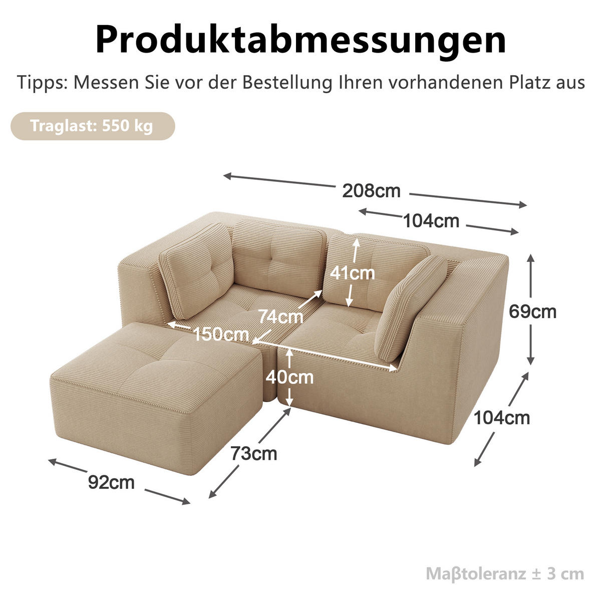 ECKSOFA DE-34220 2-Sitzer mit Fußstütze Beige - Beige, Textil (177/208cm) - ComfortXL