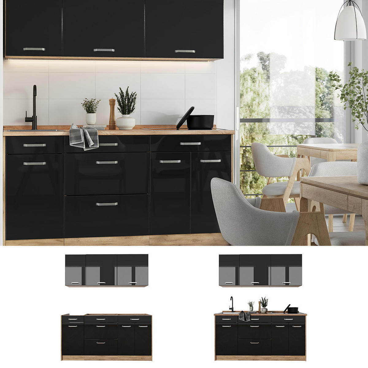 SINGLEKÜCHE R-Line, Schwarz Hochglanz/Goldkraft Eiche, 160 cm Arbeitsplatte Anthrazit - Honigeiche/Schwarz Hochglanz, Holzwerkstoff (160/81.6/60cm) - Vicco