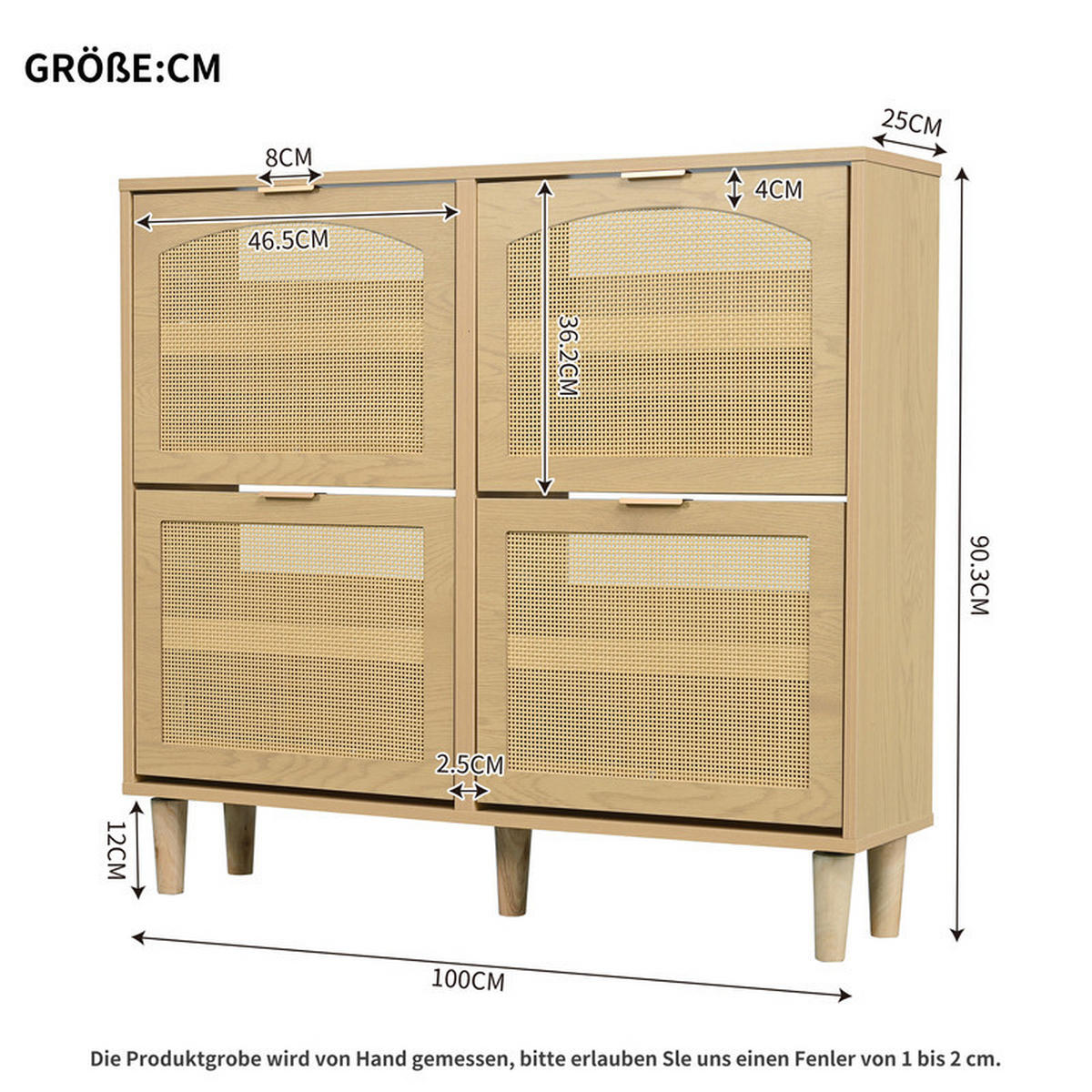 SCHUHSCHRANK Rattan mit 4 Klappschubladen und Metallgriffen 100x25x90 cm - Braun, Holzwerkstoff (25/90.3/100cm) - Moorle
