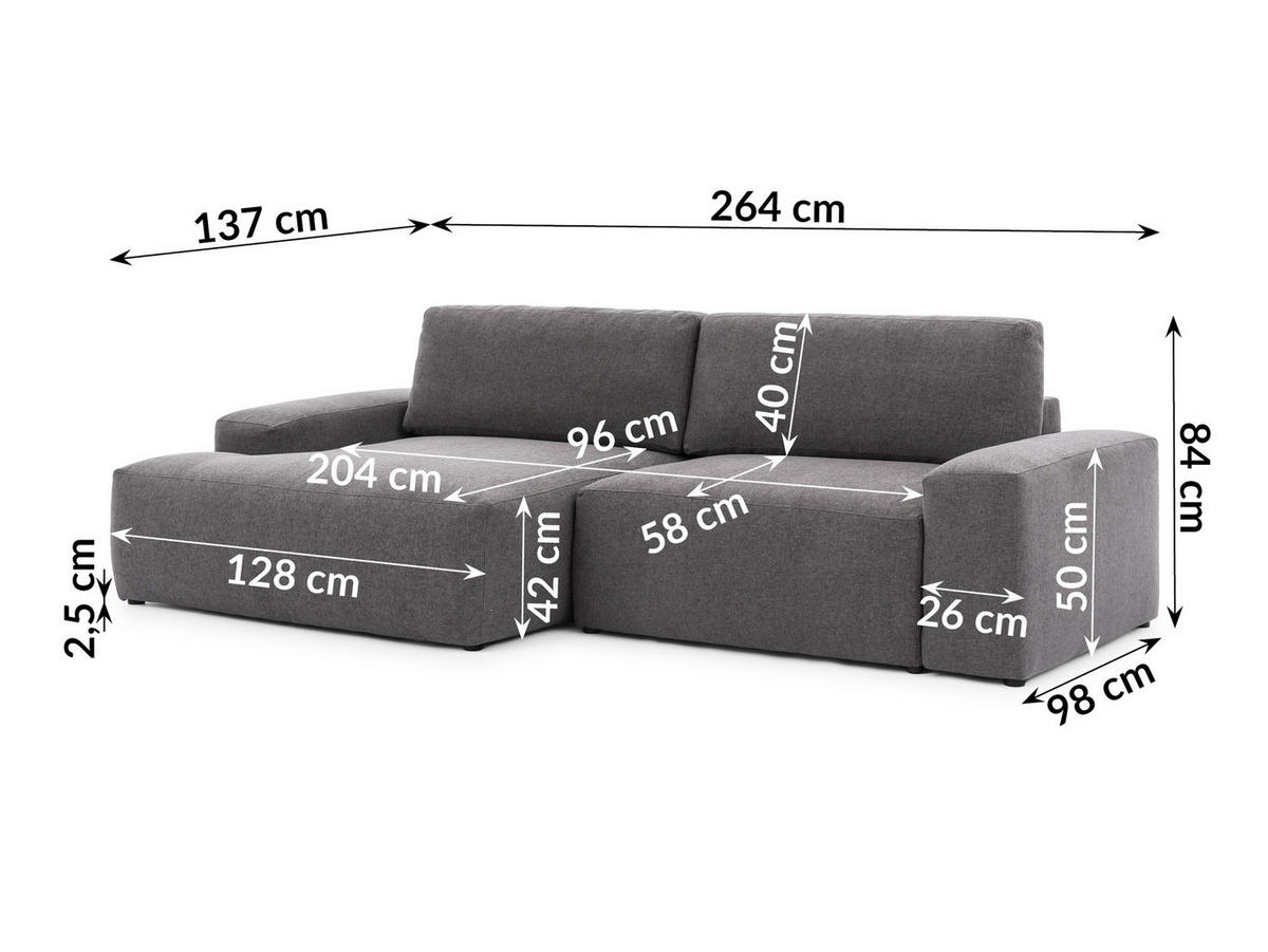ECKSOFA Lennon aus Graphit Strukturstoff mit Schlaffunktion und Bettkasten - Graphitfarben/Schwarz, Holz/Kunststoff (137/264cm) - S-Style