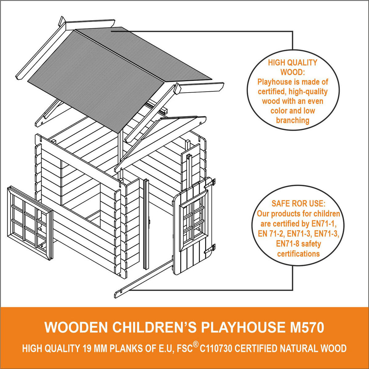KINDERSPIELHAUS aus Holz - 111x113xH121 cm/0.9 m2 - M570Z-1 - Beige/Grün, Holz (114/121/111cm) - Timbela