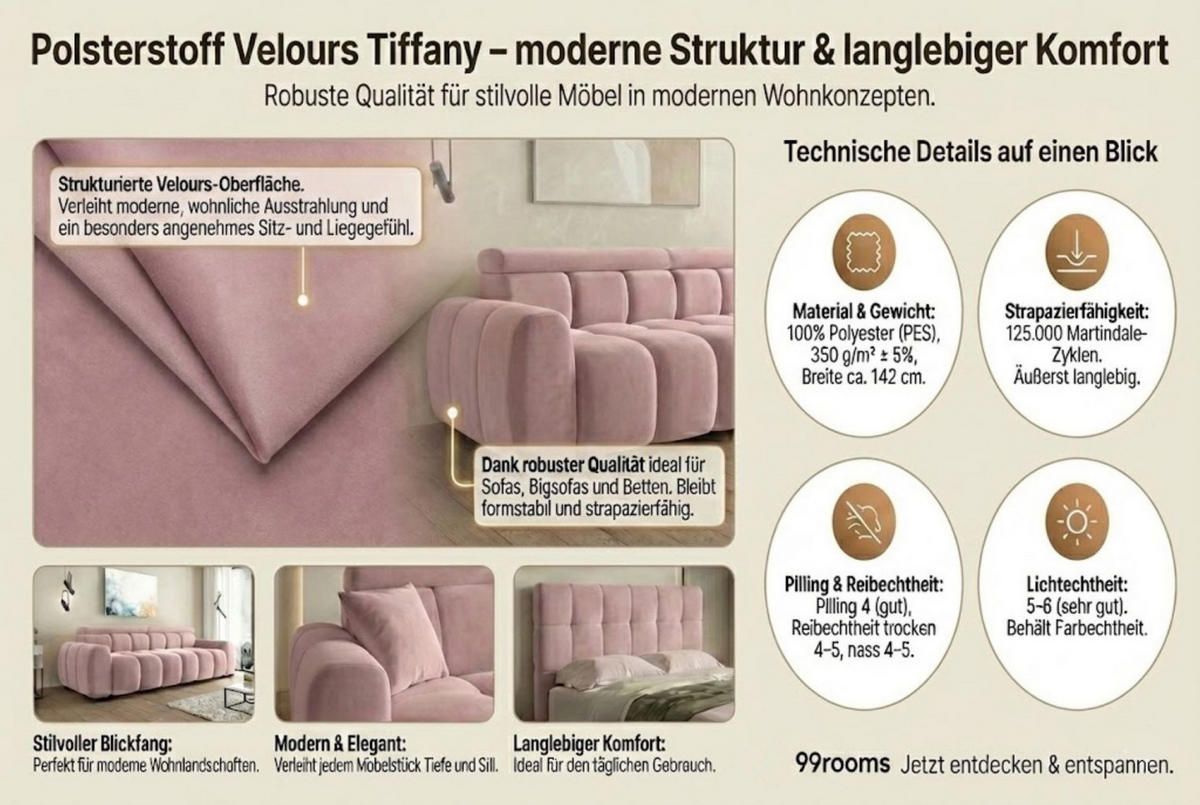 BIGSOFA ALESSIO Velours Rosa mit elektrischer Sitztiefenverstellung - Rosa, Kunststoff/Textil (248/77/108cm) - 99rooms