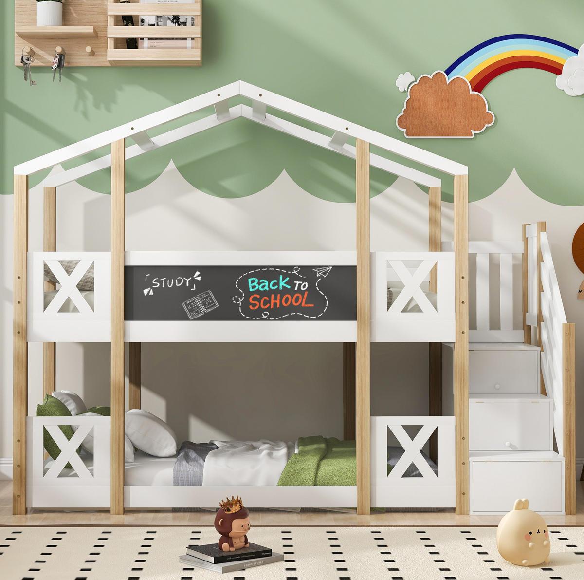 HAUSBETT 90/200 cm in Weiß/Natur mit Treppe, Stauraum und Tafel - Weiß, Holzwerkstoff (90/200cm) - Flora Grace