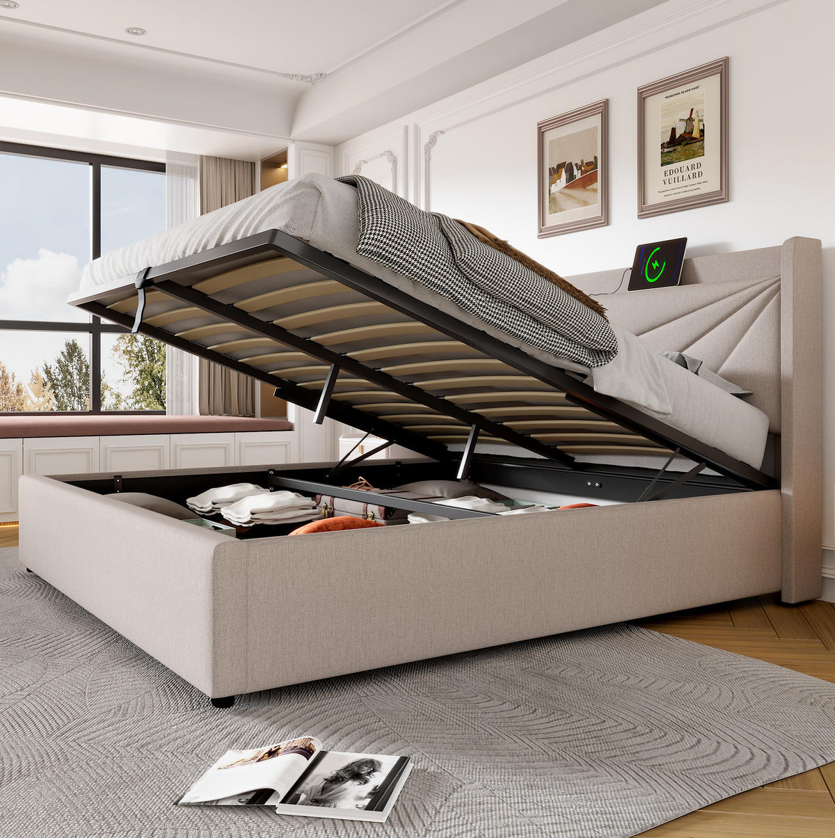 POLSTERBETT 140/200 cm aus Baumwoll-Leinen-Mix mit Bettkasten und USB-C Beige - Beige, Textil (140/200cm) - Modenvie