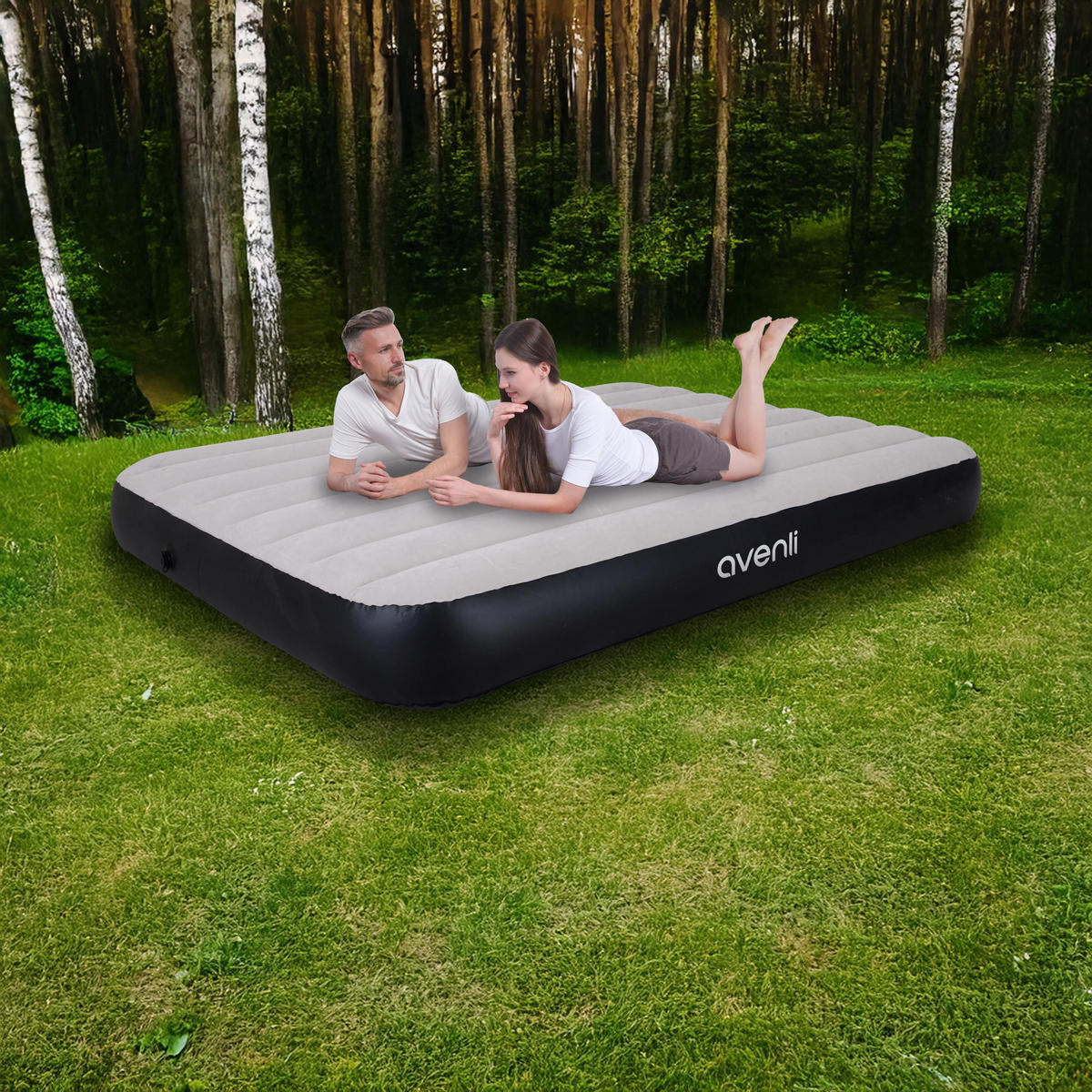 LUFTBETT Luftmatratze Camping 2 Personen 203x152x25cm aufblasbar ohne Pumpe - Schwarz/Grau, Kunststoff (152/203cm) - Avenli