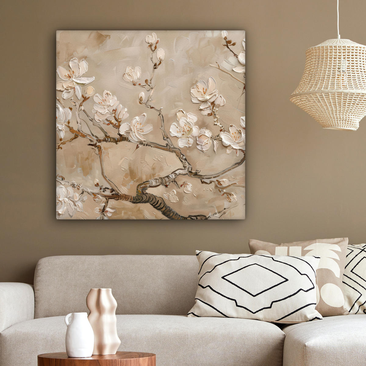 LEINWANDBILD - Blumen - Modern - Beige - Weiß - Blüte - 90x90 - Gemälde - Beige, Textil (90/90cm) - MuchoWow