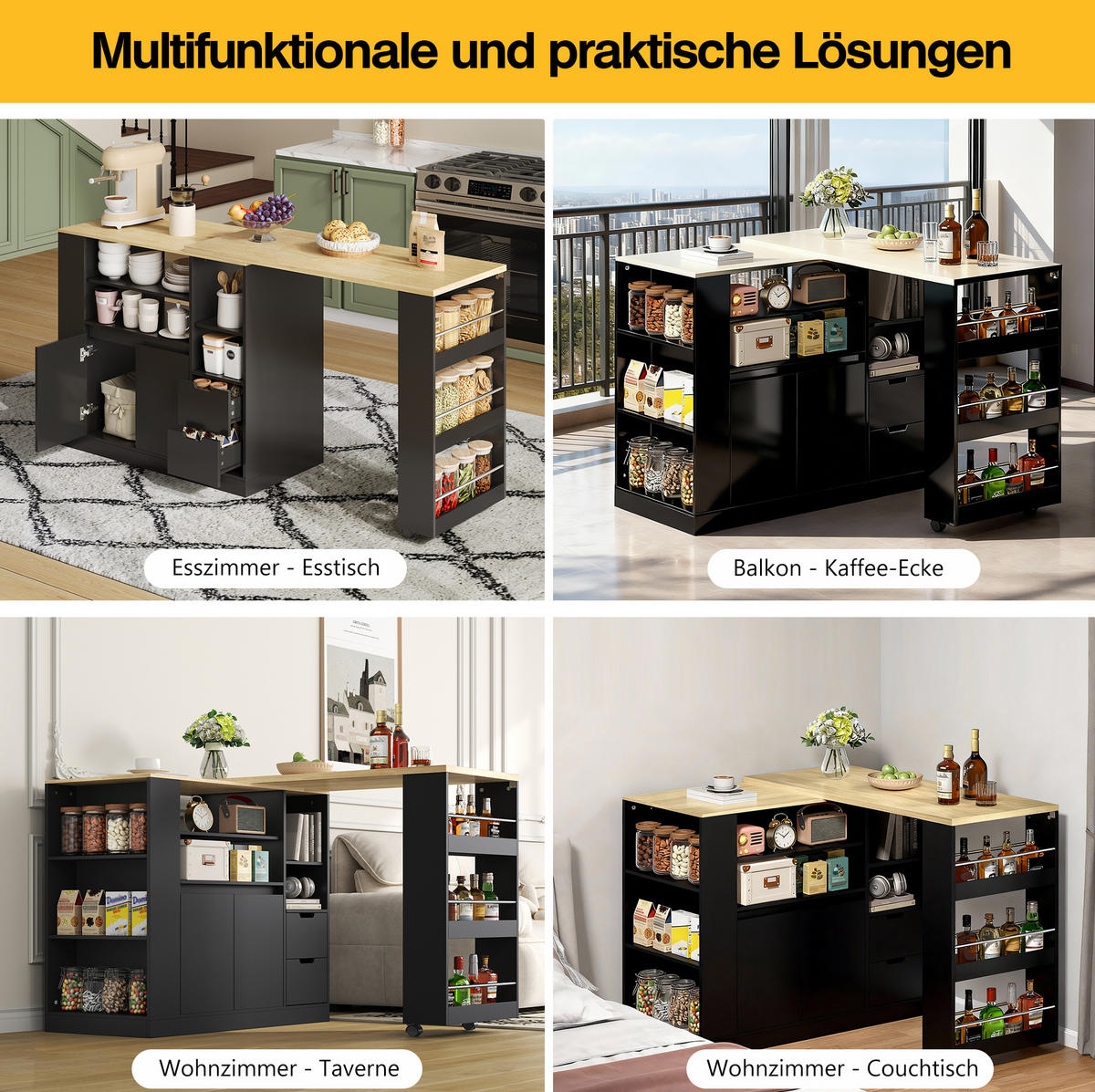 KÜCHENINSEL 115/50/92 cm mit dreh- und ausziehbarer Arbeitsplatte, MDF, viel Stauraum, Schwarz/Natur - Schwarz, Holzwerkstoff (115/92/50cm) - Redom