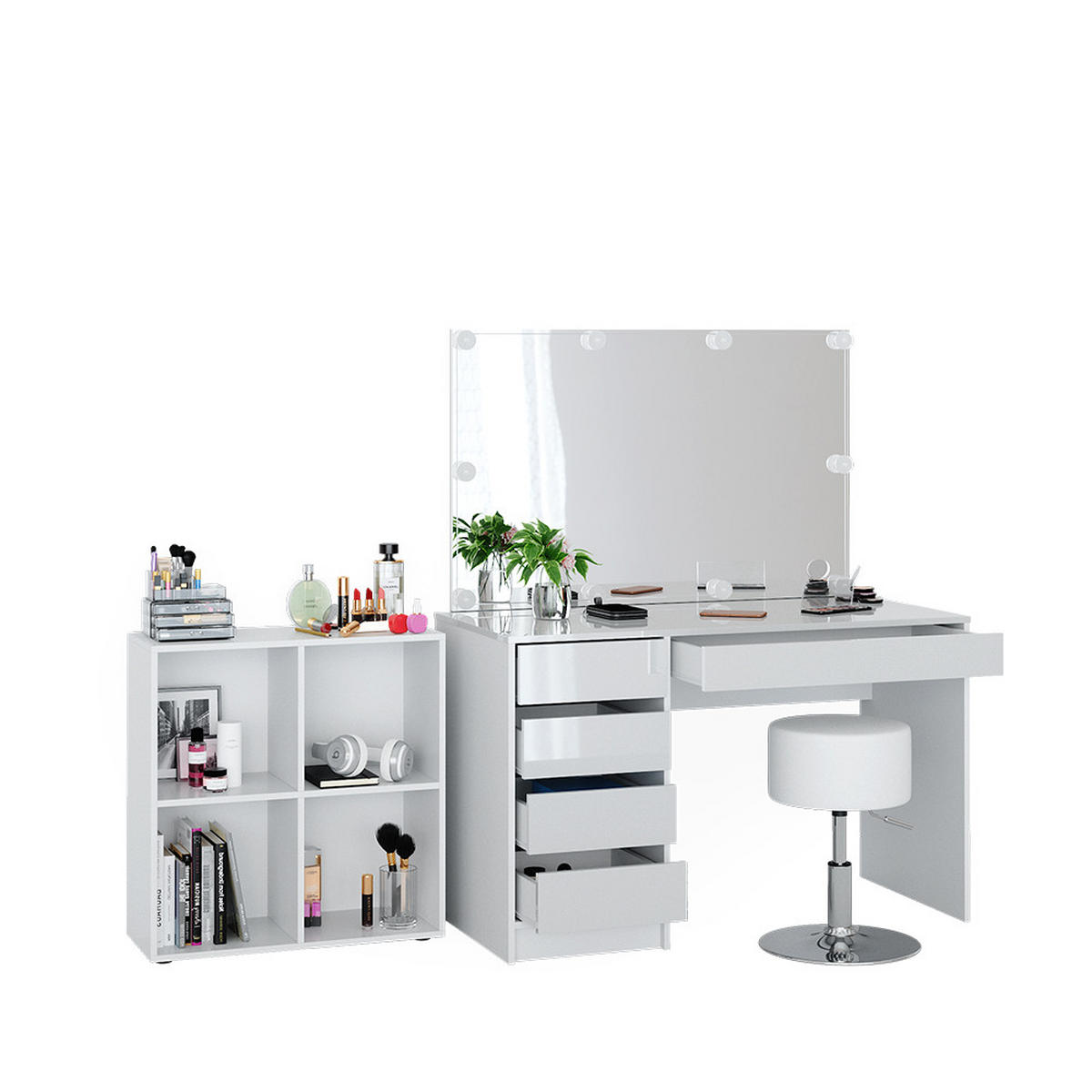 SCHMINKTISCH Sherry Weiß 120 cm 4 Teile mit Standregal Spiegel Hocker LED - Weiß, Holzwerkstoff (55/75/120cm) - Vicco